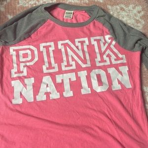 Long sleeve pink shirt. Sleeves are gray